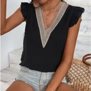 Black Ruffle Sleeve Top with Lace Detail